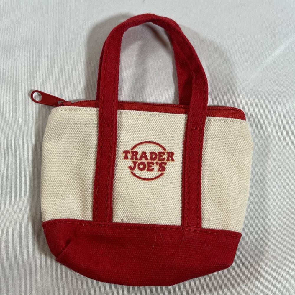 Trader Joe's Canvas Micro Mini Tote Grocery Bag Red Beige Solid Gift Card Holder